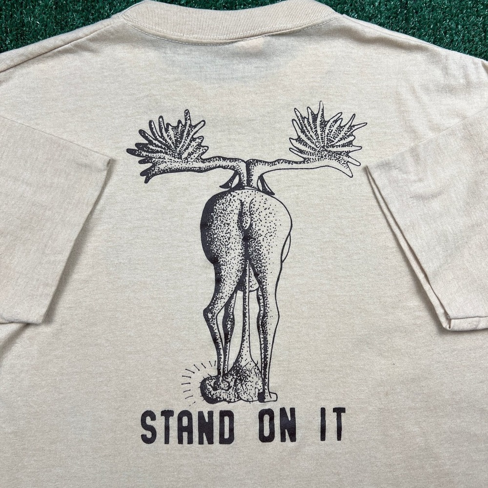 VTG Rocky & Bullwinkele Racing Stand On It Balls Cartoon T-Shirt M‎ Beige 70s